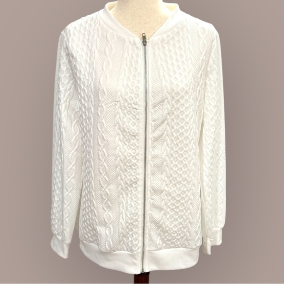 White Cable Knit Patterned Textured Zip-Up Sweater Medium - Picture 1 of 2